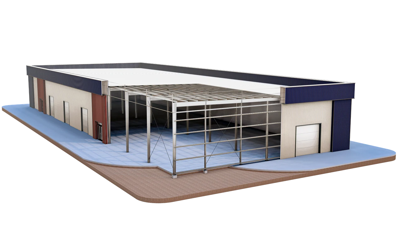 Cutaway view of a metal building showing steel framing, roof and wall panels, bracing, door openings and the foundation